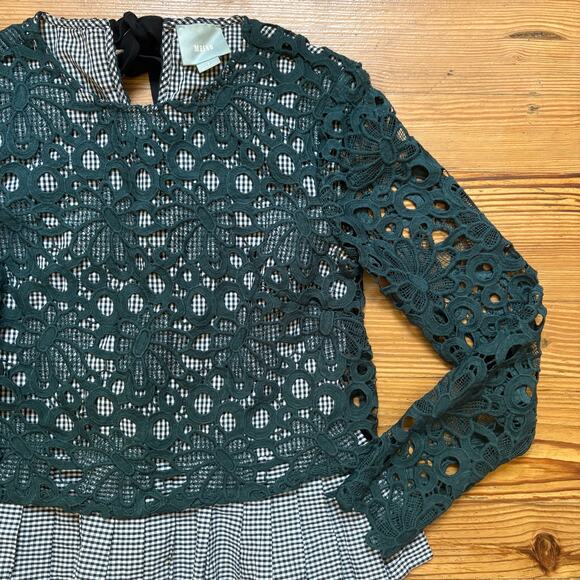 Anthropologie Mauve Gabriella black white gingham lace peplum blouse SIZE S - Picture 3 of 5